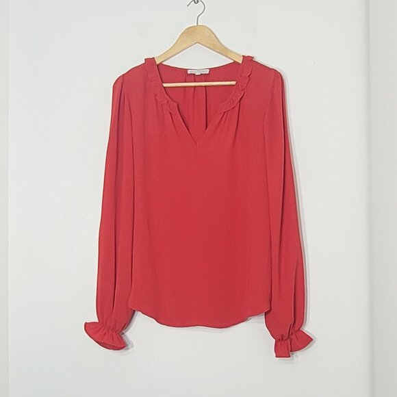 BLOUSOLOGY Women's Red Long-Sleeve VNeck Ruffled Collar Tied Cuffs Blouse Size L - Picture 3 of 12